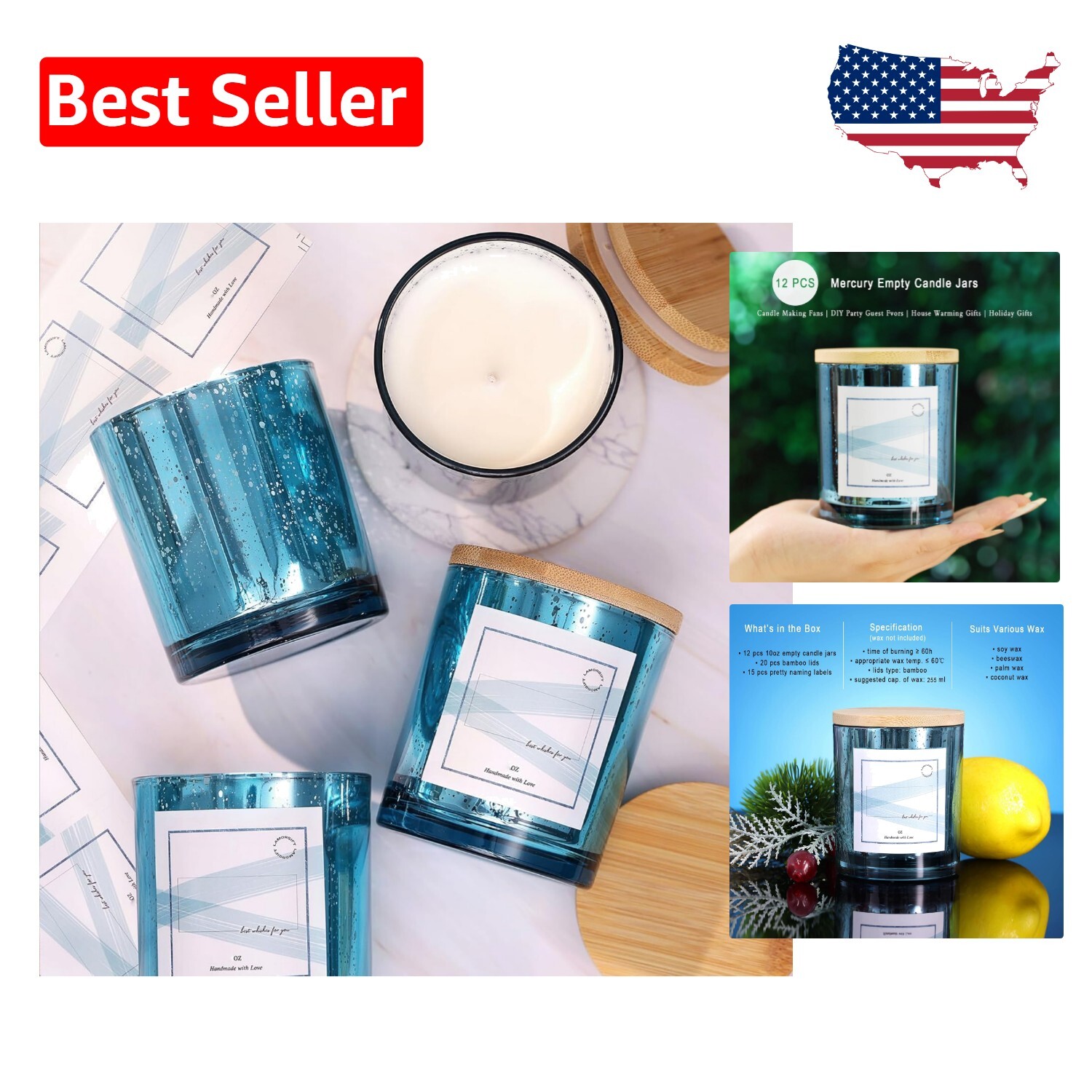 DIY Candle Making Kit: 12 Glass Jars with Lids & Labels - Mercury Coated, 10 oz-image