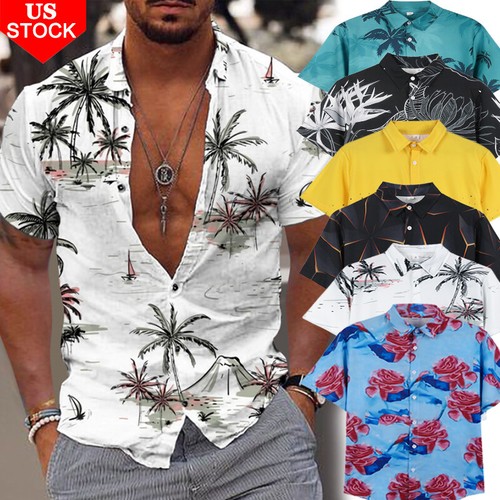 Men's Hawaiian T Shirts Short Sleeve Aloha Beach Top Vacation Party Fancy Stag