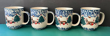 Set of Four CABIN in the SNOW Pattern Folk Craft Pottery Coffee Cups Mugs