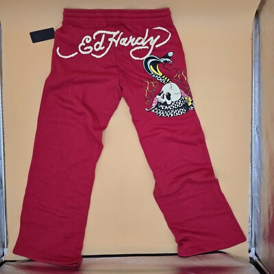 Ed Hardy Women's Large Red  Wide Leg Sweatpants Skull Snake NWT