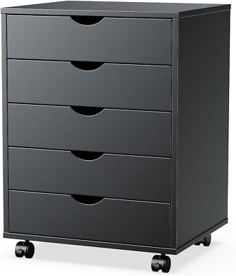 5 Drawer Wood File Cabinet Mobile Organizer Storage Chest Stand with Wheels