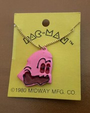 Vintage Pac Man Necklace Jewelry Pink Ghost 1980 Midway Bally New Old Stock