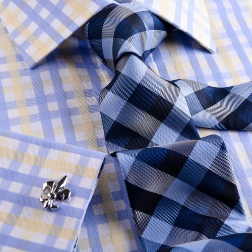 Blue Herringbone Stripe Business Dress Shirt Yellow Luxury Formal Stylish Design - Picture 4 of 12