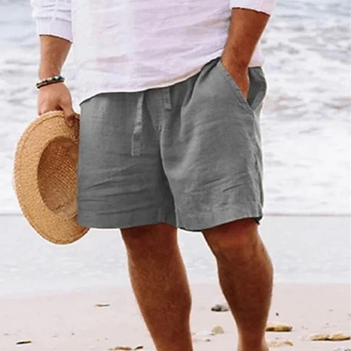 Pantaloncini corti uomo cotone lino estivi spiaggia hawaiana vita con coulisse - Foto 17 di 20
