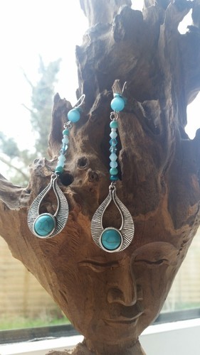 Native American sunbeam earrings CLEANSED turquoise blue teal silver cats eye - Picture 3 of 12