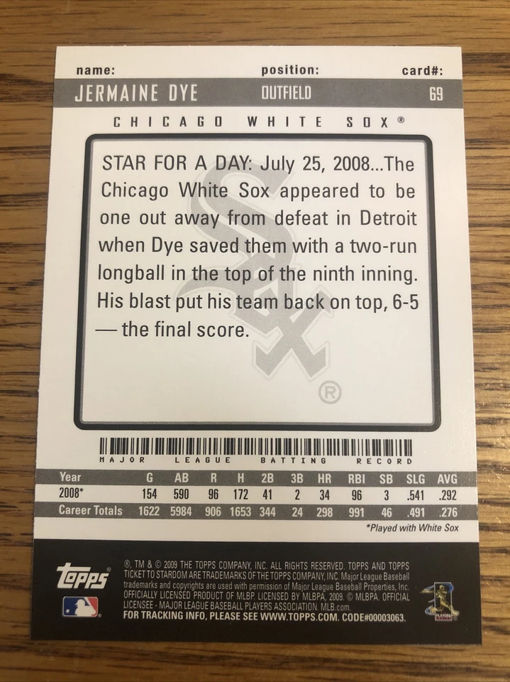 Jermaine Dye 2009 Topps Ticket To Stardom White Sox #69   *A753* - Image 2 of 2