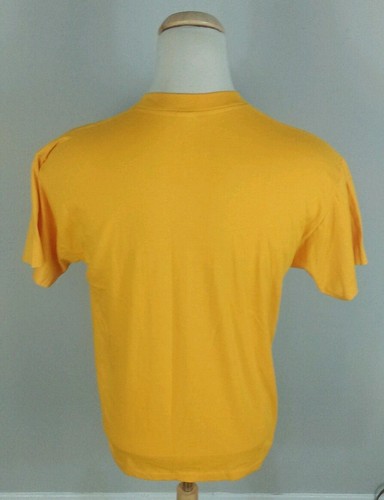 Yellow short-sleeve T-shirt with white back showing a sunset gradient and “NOS New Vintage 80’s Sportswear” text.