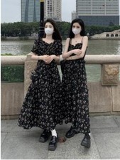 Floral Dress Short sleeve style Sling style high waist square neck A-line skirt