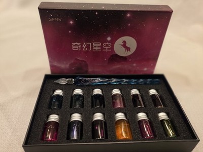 Glass Dip Pen And Ink Set. 12 Inks Blue And Clear Glass Pen Used