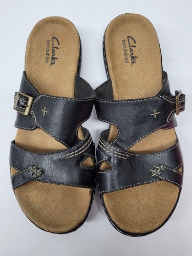 CLARKS Bendables Womens Size 8 M Black Leather Side Buckle Slip On Sandals - Picture 5 of 9