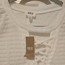 BKE Womens White 3/4 Sleeve Tie Strap V-Neck Waffle Knit Pullover Top Size S