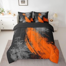 Ombre Orange Black 7 Piece Bedding Set Queen Size Abstract Bed Set Includes C...