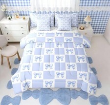 Princess Bowknot Bedding Set 7 Pieces,Dreamy Blue Bow-tie Full White Blue