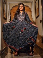 Blue Cotton Anarkali Kurta for Women Ethnic Flared Traditional Gown Plus size