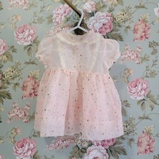 1950s Vintage Sheer Pink Gold Dotted Baby Girl Party Dress 12 Months 1st B-day