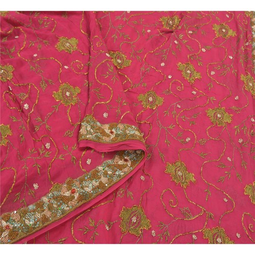 Sanskriti Vintage Dupatta Georgette Magenta Hand Beaded Zardozi Wrap Stole - Picture 5 of 12