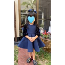 David Charles Girls Dress navy blue dress with black velvet sleeves and bows