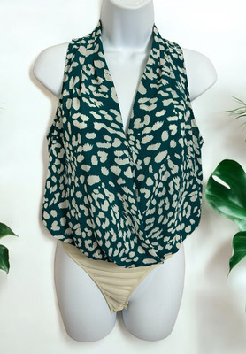 Lush Green Draped V-Neck Bodysuit Sz XS Loose Sleeveless Top Back Peephole