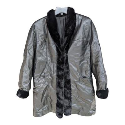 D'ESPRIT Dubrowski & Peribinder Black Leather Faux Fur Jacket Lined Coat VTG L