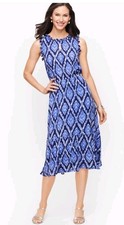 Talbots Womens Sz 10 Ruffle Trim Fit & Flare Cabana Ikat Blue Dress Sleeveless