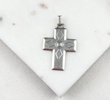 Vintage 925 Sterling Silver Etched Modernist Religious Cross Pendant