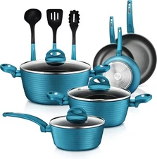 NutriChef 12 Piece Nonstick Cookware Set with Glass Lids Teal Cookware Set