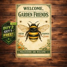 Welcome to Our Garden Rustic Bee Flower Metal Sign 8x12 Outdoor Decor