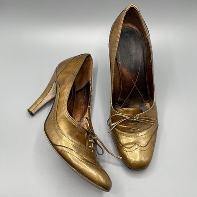Enzo Angiolini Tie Heels Size 8.5 Gold Patent Leather Twee Academia Secretary