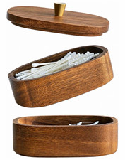 Double-Layer Wood Bathroom Storage Box with Lid, Brown Oval Compact 4.69 in