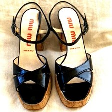 Miu Miu Black Patent Leather Cork Heels, Vintage early 2000's VG
