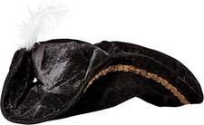 Black Velour Tricorn Pirate Hat with Gold Edging   One Size Fits Most Adults