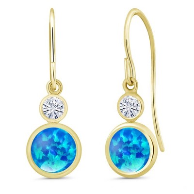 14K Yellow Gold Dangle Earrings Cabochon Simulated Opal Moissanite (0.80 Cttw)