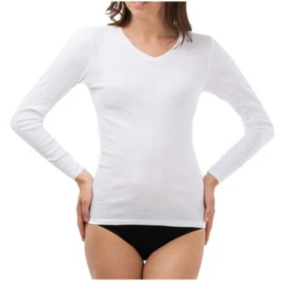 Camisa interior mujer manga larga algodón Schöller 1/1 brazo camisa cuello en V acanalado fino