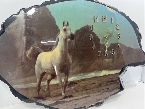 Vintage Wood Slab Clock White Horse On Beach - Picture 2 of 9
