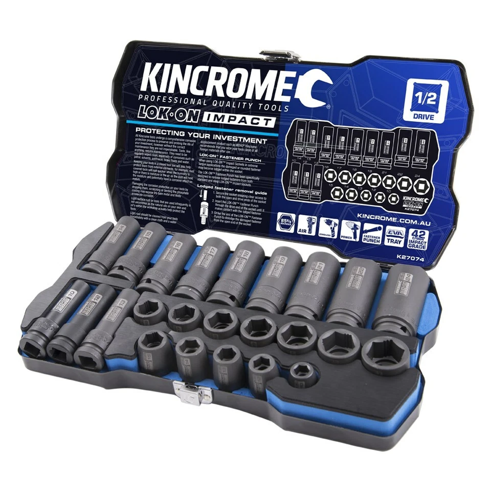 KINCROME LOK-ON 24 PC 1/2" Drive METRIC Standard & Deep Impact Socket Set K27074