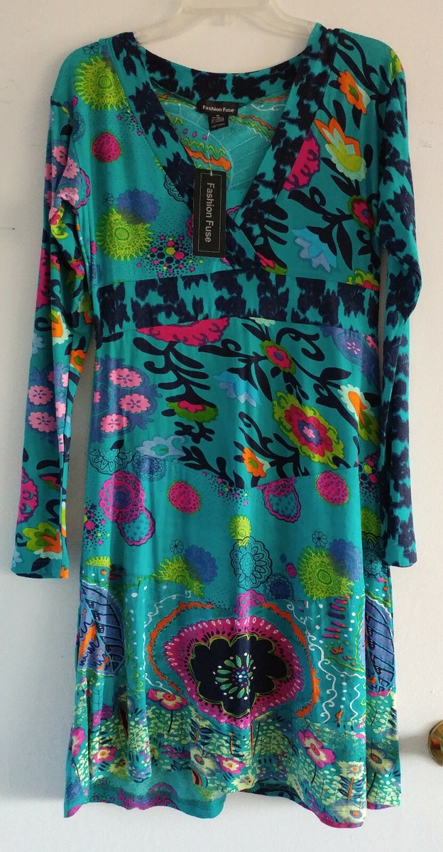 FASHION FUSE Blue & Pink Floral V-Neck Dress Size Medium (8-10) NEW! NWT!