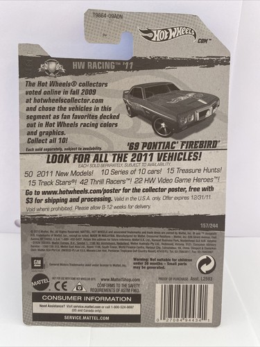 Set Hot Wheels '69 Pontiac Firebird Blu HW Racing '11 Series #10/10 #157/244 - Foto 11 di 11