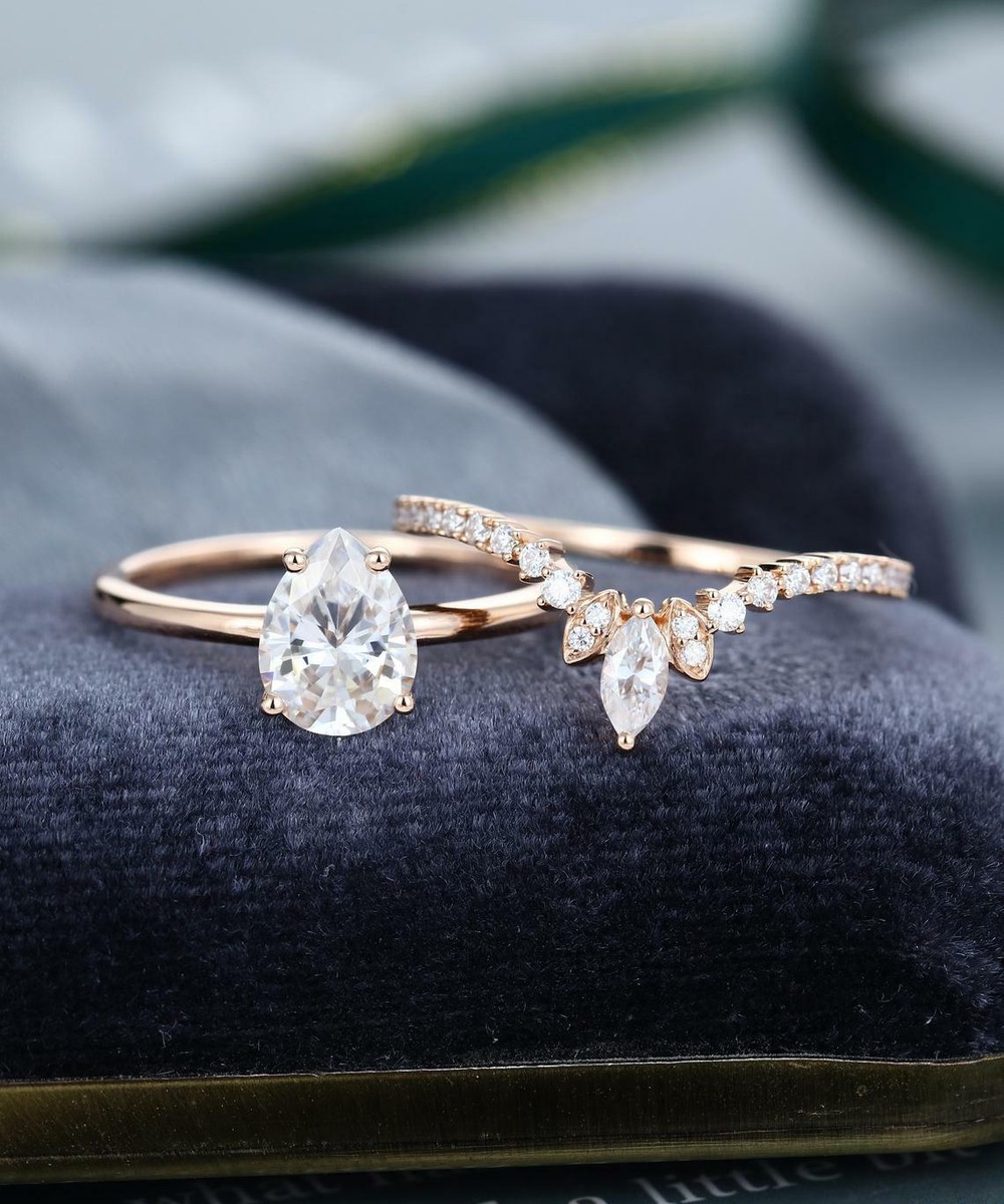 Pear Cut Moissanite Vintage Bridal Set Engagement Ring 14K Rose Gold  Over