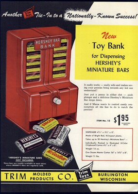 1960 PAPER AD Trim Molded Toy Bank Vending Machine Hershey Bars