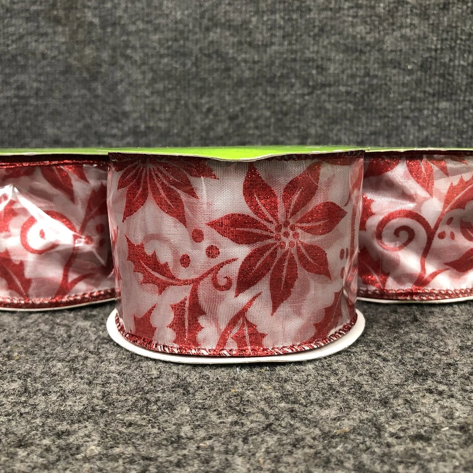 Lot Of 3 Sheer 2 1/2” Wire Edged Poinsettia Christmas Ribbon 4 Yards Each New - Image 2 of 3