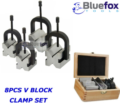 NEW Precision Engineers All Steel Vee Blocks Clamp Set 8 Pcs Set Wooden Box