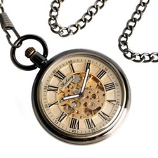 Men's Bronze Mechanical Pocket Watch Open Face Roman Number Dial Christmas Gifts