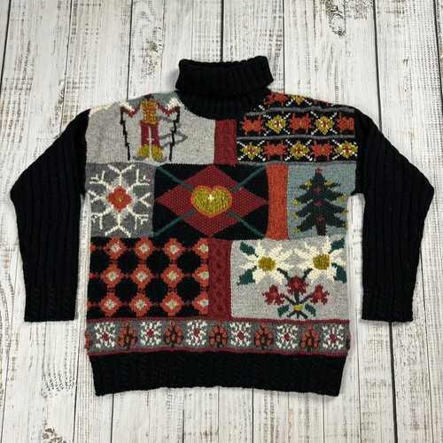 VTG MODA INTL TURTLE NECK SWEATER PATCHWORK WINTER SKI CHUNKY KNIT WOMENS SMALL