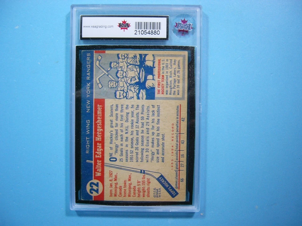 1954/55 TOPPS NHL HOCKEY CARD #22 WALLY HERGESHEIMER KSA 6 EX/NM SHARP!! TOPPS - Image 2 of 2