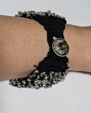 Bohemian Multi Strand Brown Knit Cuff Beaded Bracelet Iridescent Seed Beads Boho