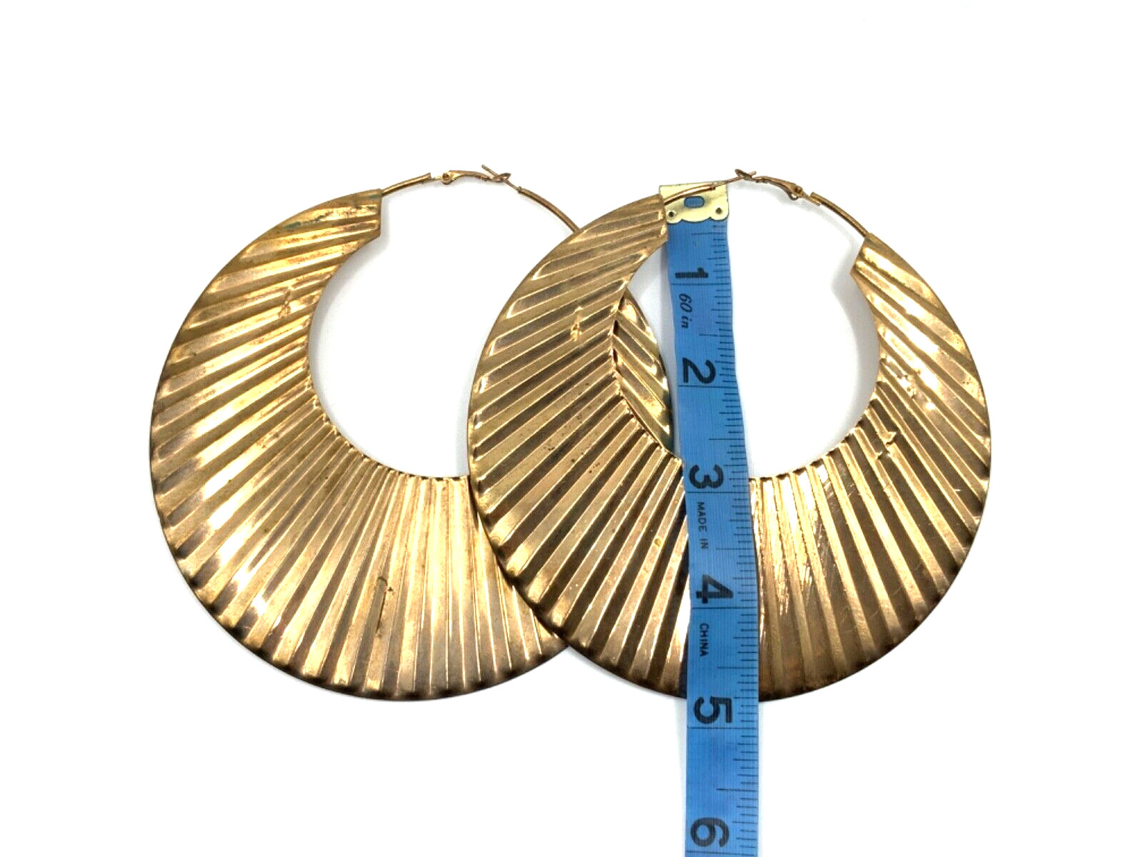 Large Textured Gold tone Hoops Statement Earrings… - image 6