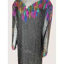 Black Multicolor Beaded Sequin Sheer Sleeve Midi Dress