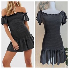 NWT ASOS Smocked Off The Shoulder Mini dress Gray Size 4 Small