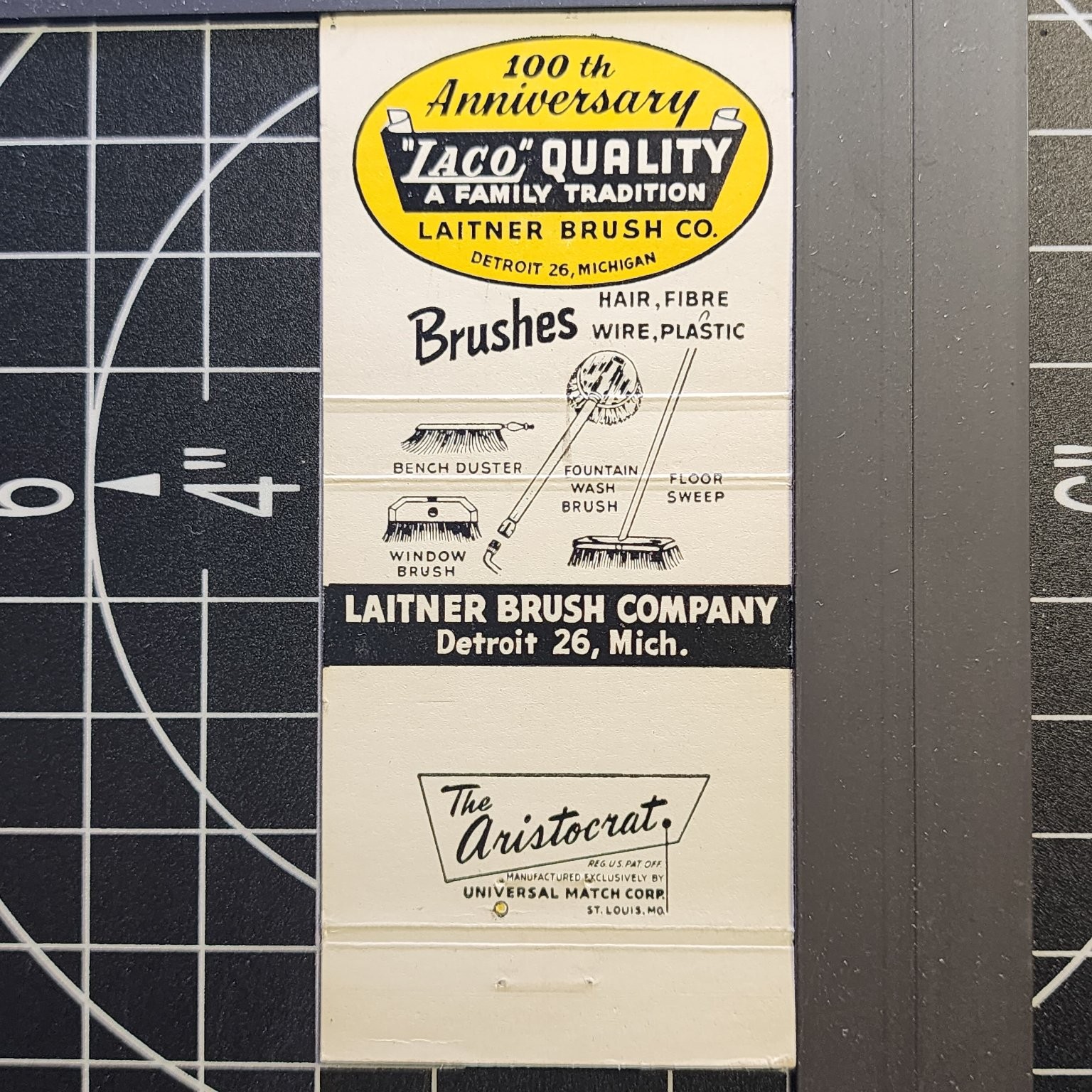 Laitner Brush Co Detroit 100th Anniversary 1950s Illustrated Matchbook