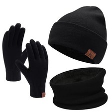 Winter Beanie Hat Scarf Touchscreen Gloves Set for Men and One Size Black